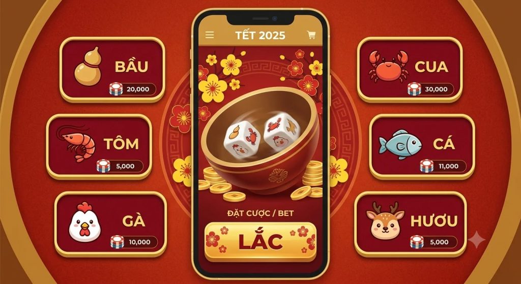 Minh họa giao diện game Bầu Cua online với 6 ô cược và bát xúc xắc